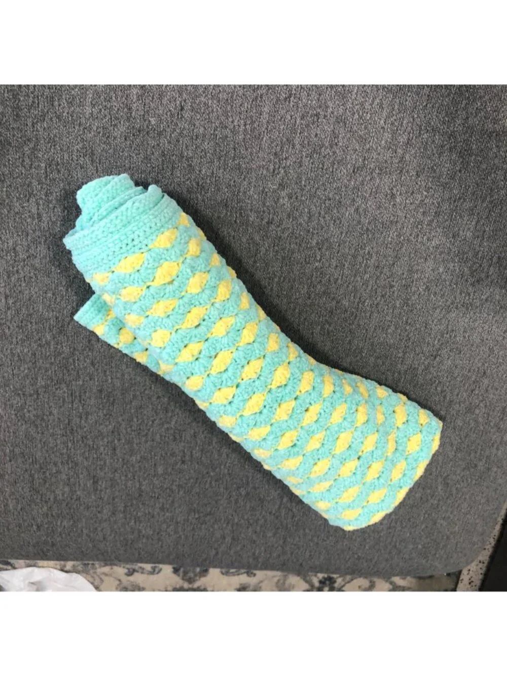Handcrafted Crochet Baby Blanket Mint Green Yellow Soft 42x39